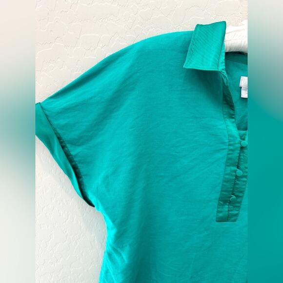 CHICO’S | Bright Green Linen Blend Satin Trim Popover Blouse | Size 2 Large - Picture 4 of 7